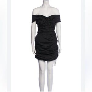 THEIA Off The Shoulder Satin Black Mini Dress